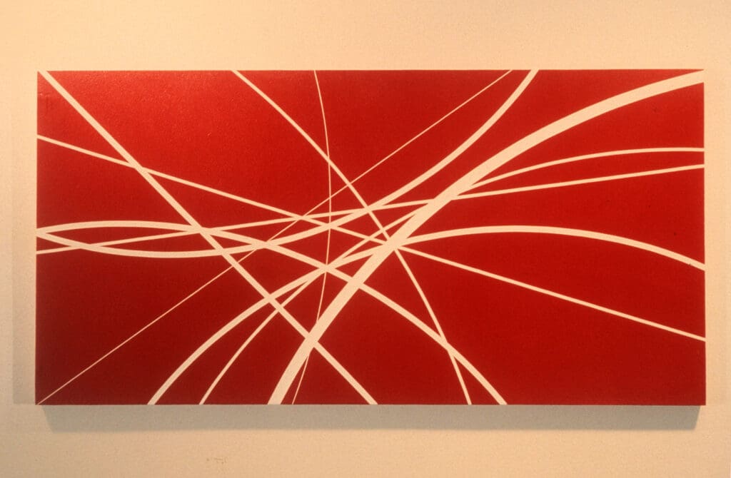 Abstract red painting with intersecting white lines.
