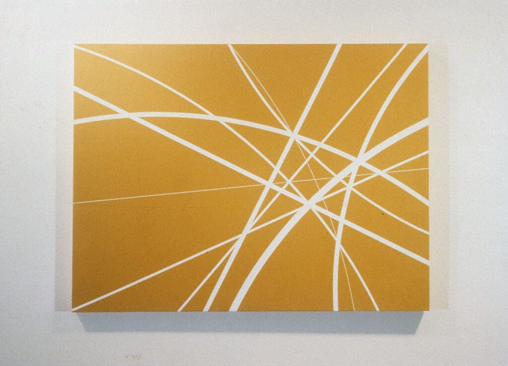 Abstract yellow and white line art.