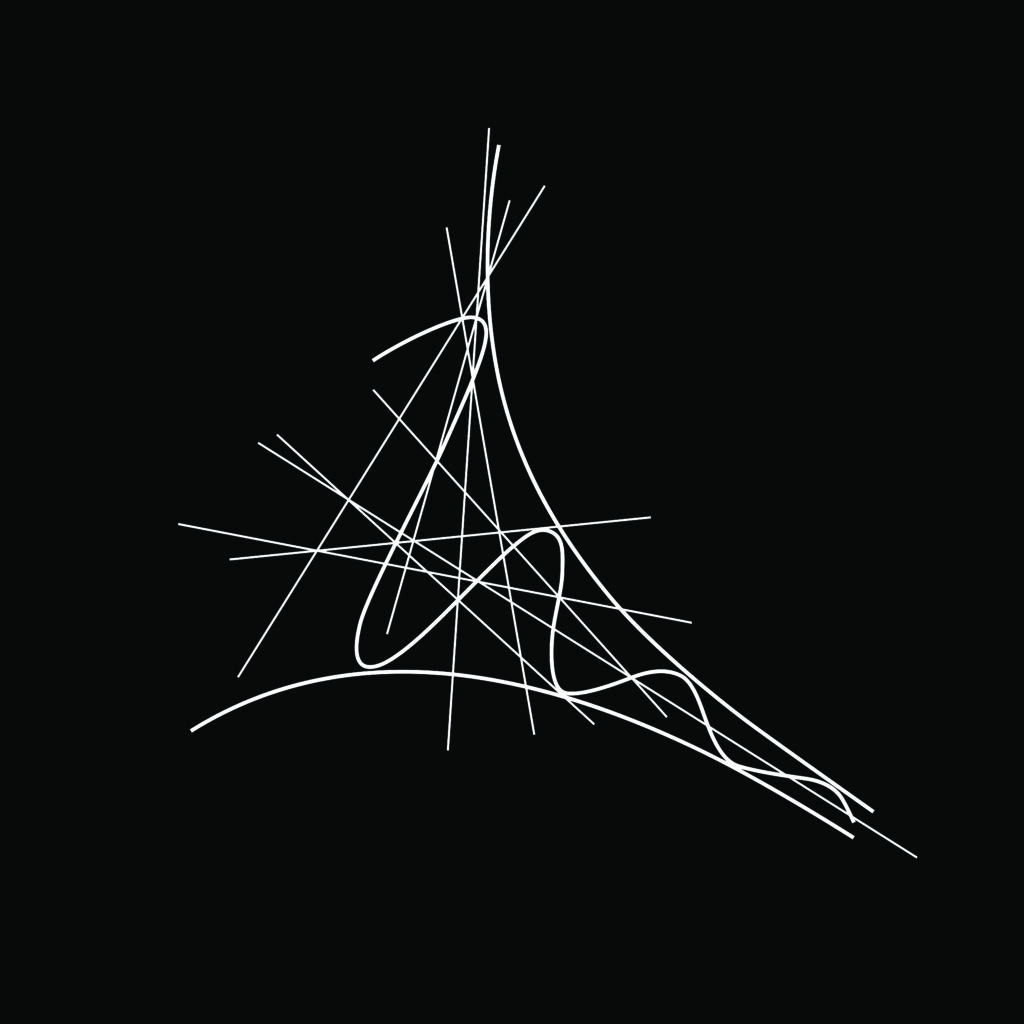 Triangular cluster of intersecting curved white lines