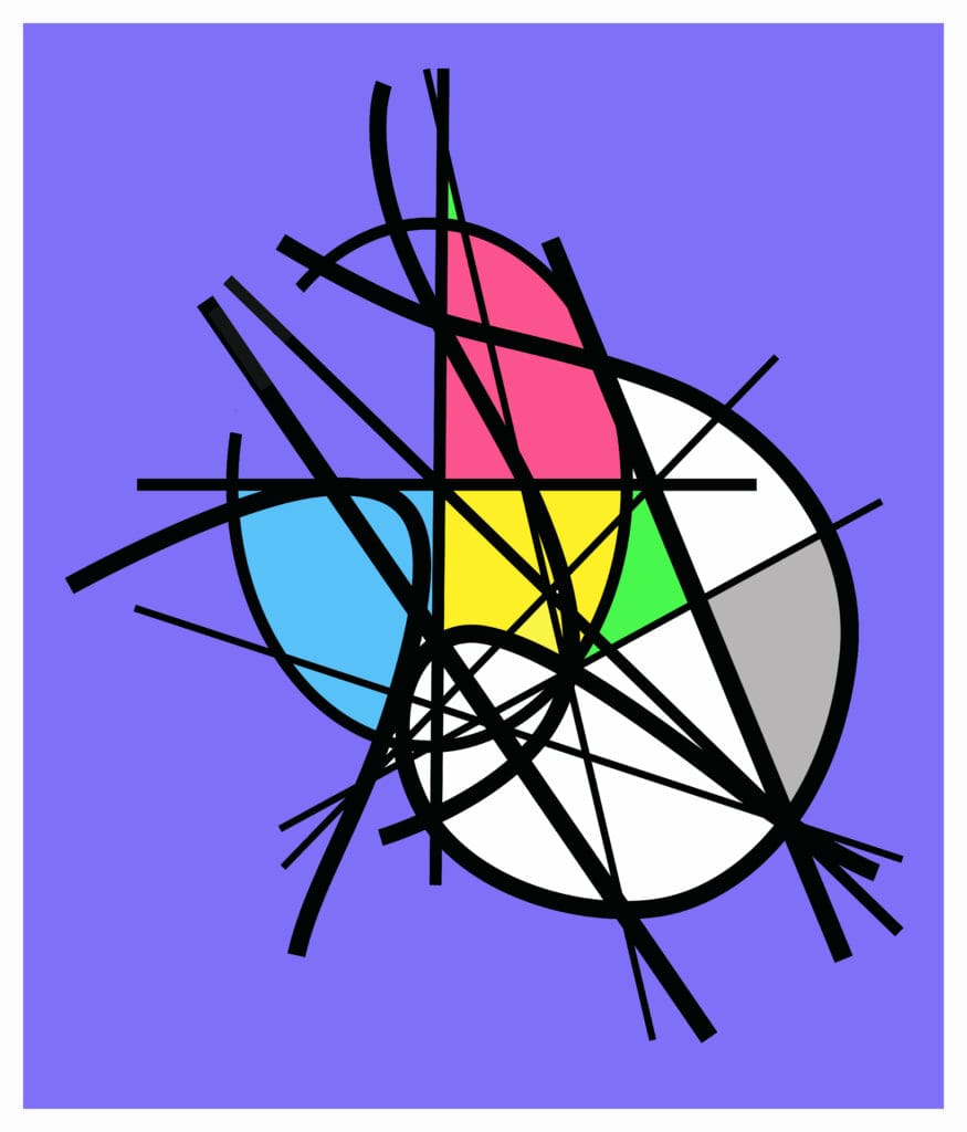 Abstract geometric shapes with colorful segments.