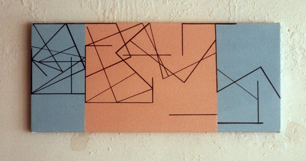 Muted geometric panels linked by thin black lines