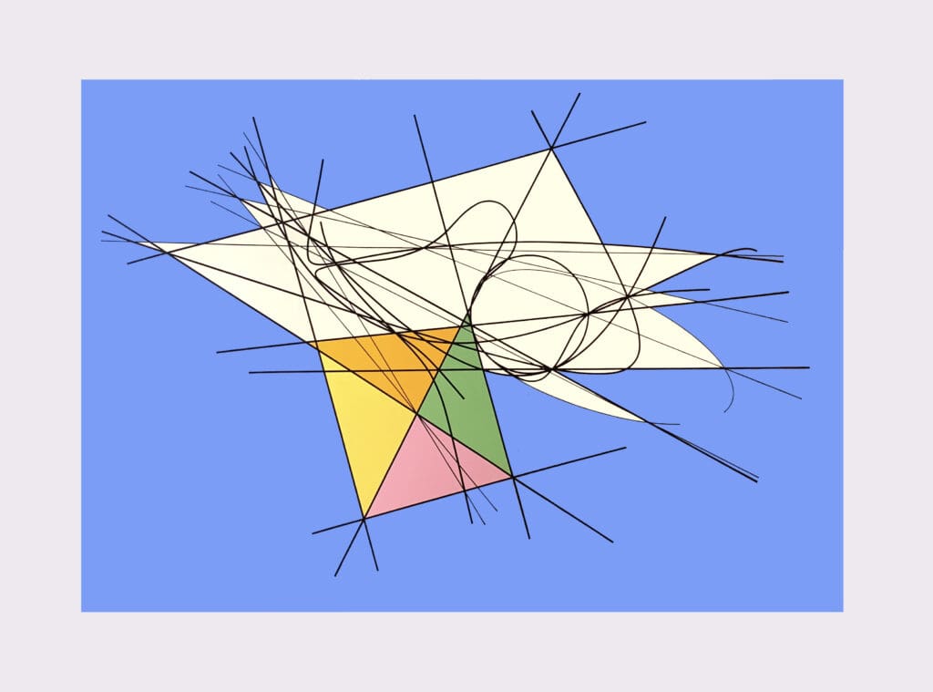Cream polygon and pastel triangles with black lines