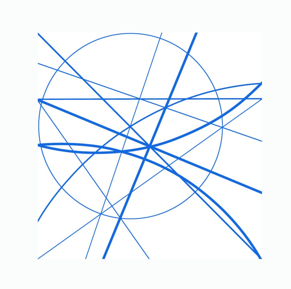 Abstract blue lines intersecting a circle.
