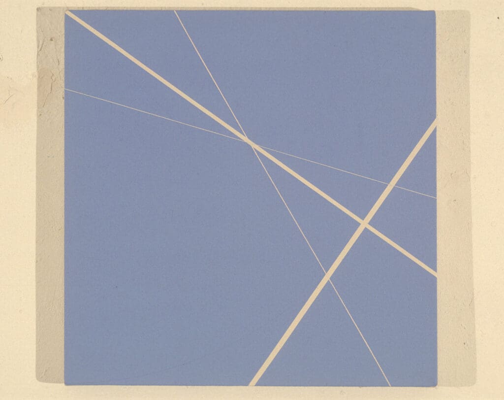 Abstract artwork with intersecting lines on blue.