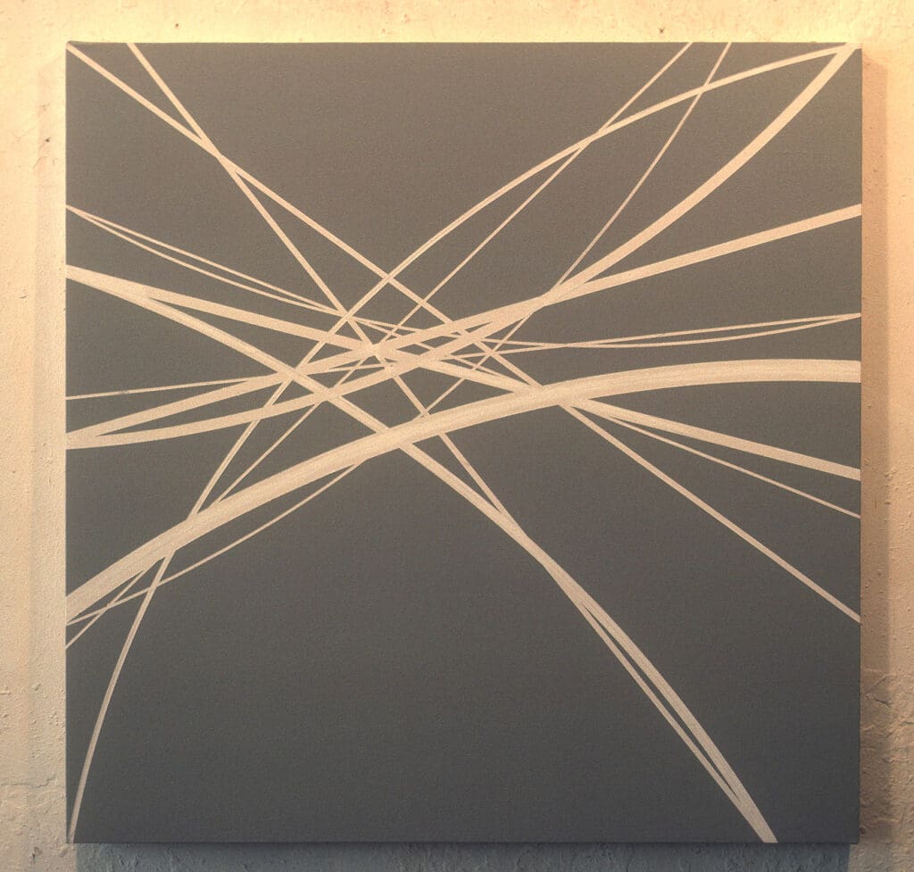 Gray canvas with cream geometric crisscrossing arcs