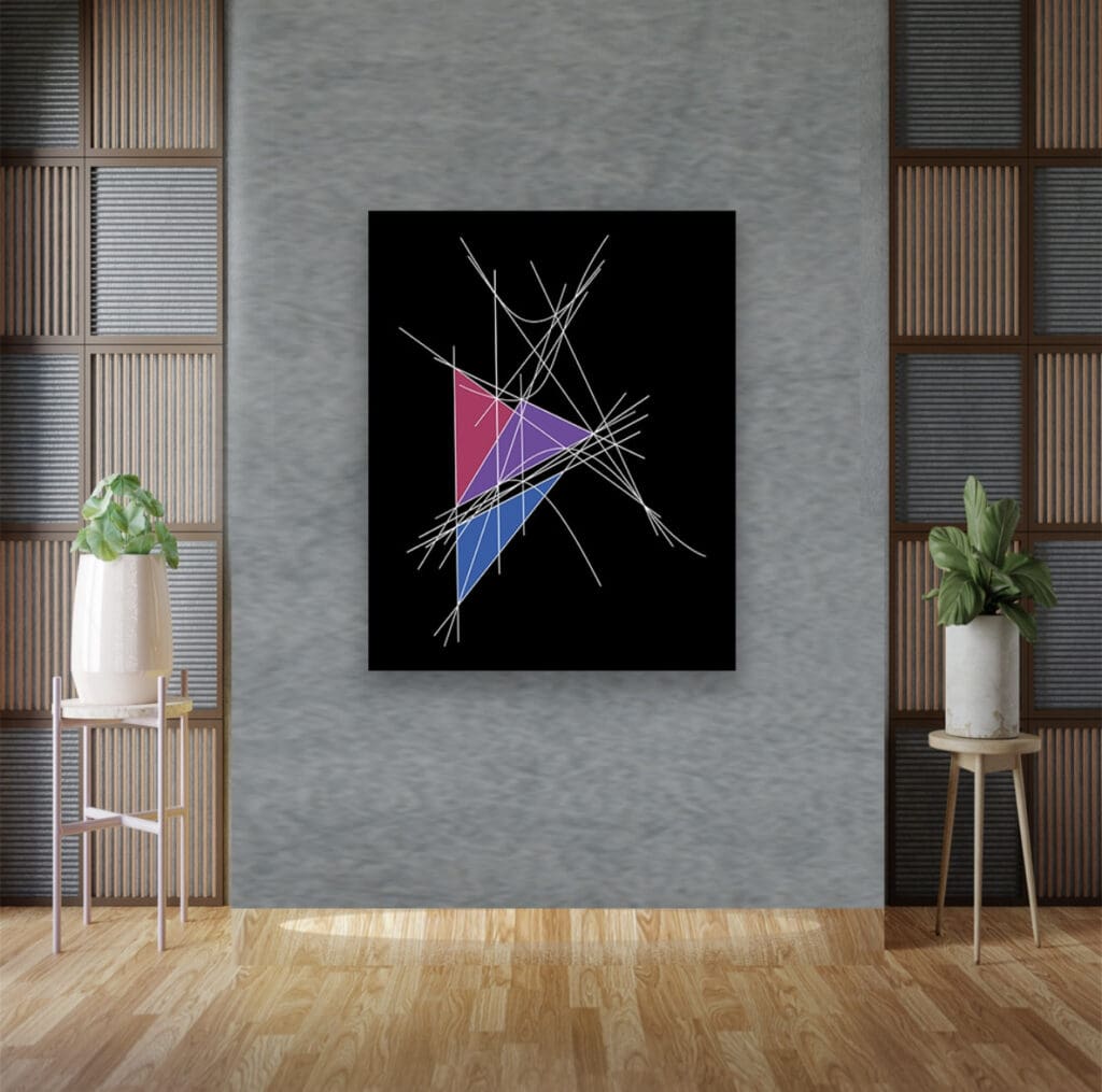 Abstract painting on wall between plants.