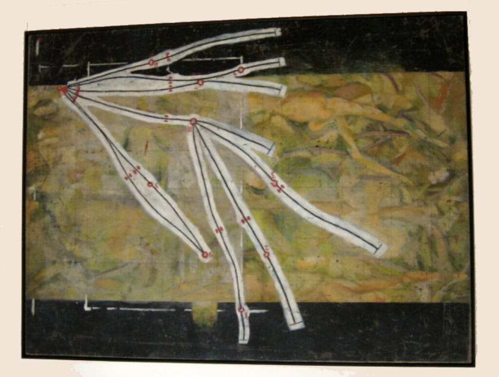 Abstract painting with branching white lines.