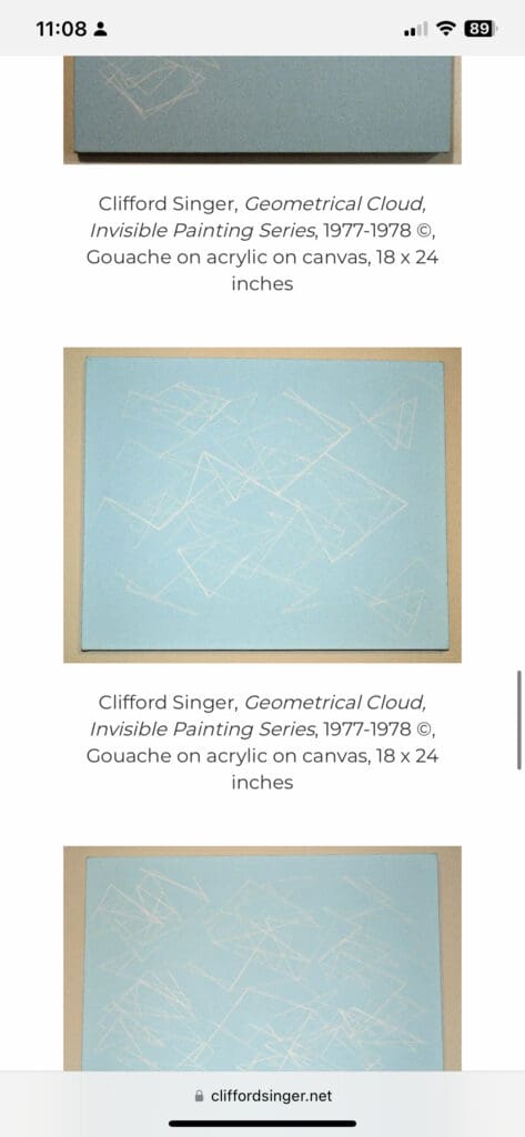 Abstract geometric painting on blue canvas.