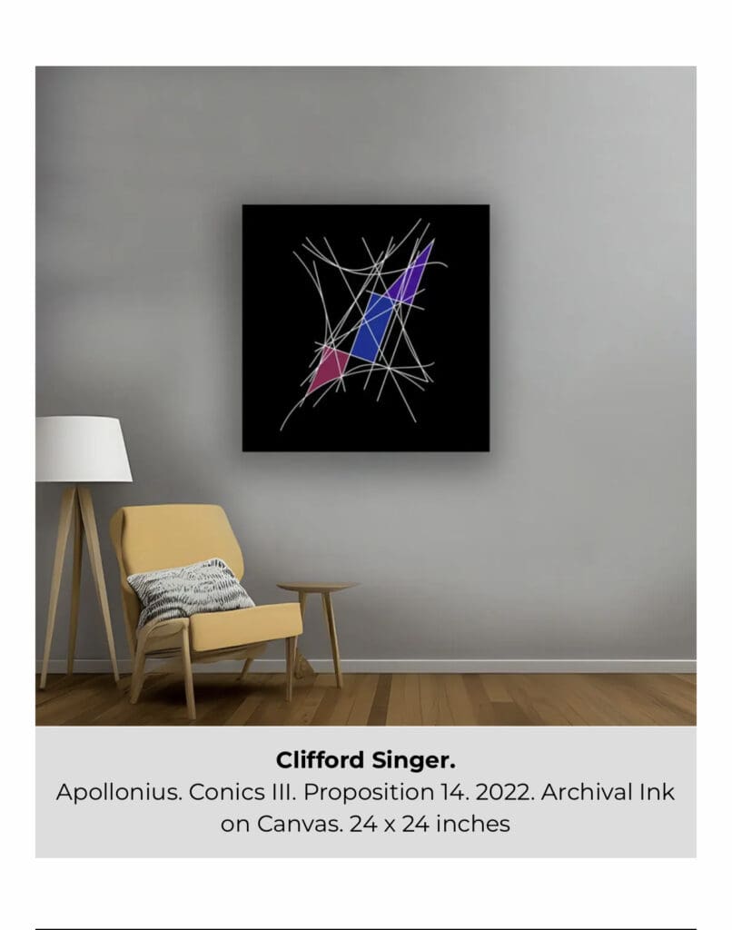 Abstract artwork on wall above chair.
