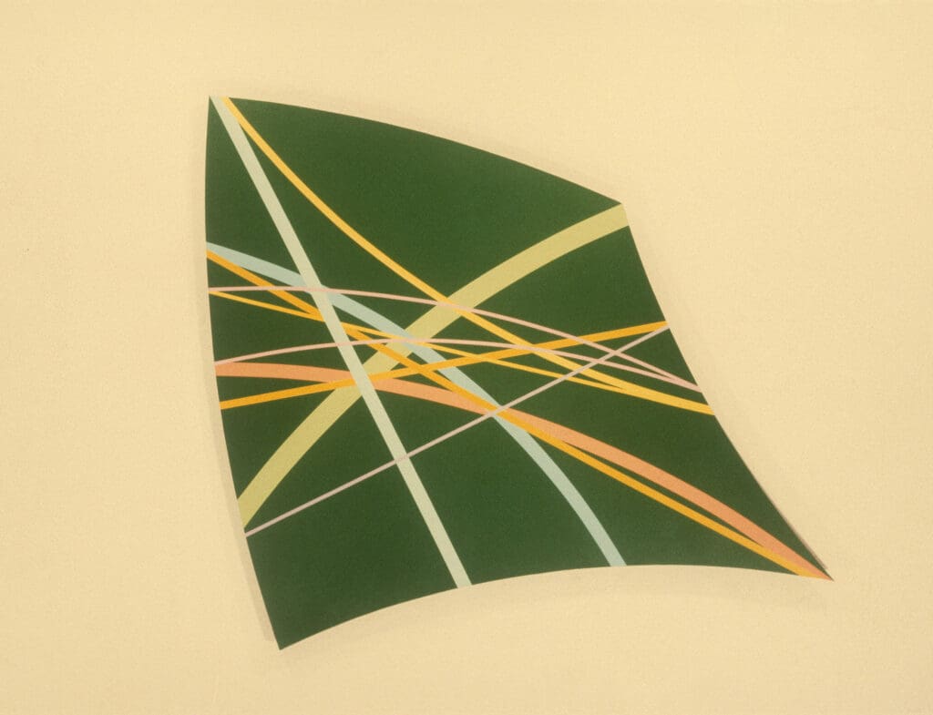 Abstract geometric shape with colorful intersecting lines.