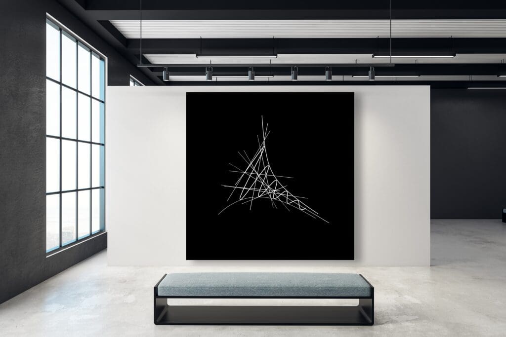 Abstract line art in modern gallery setting.