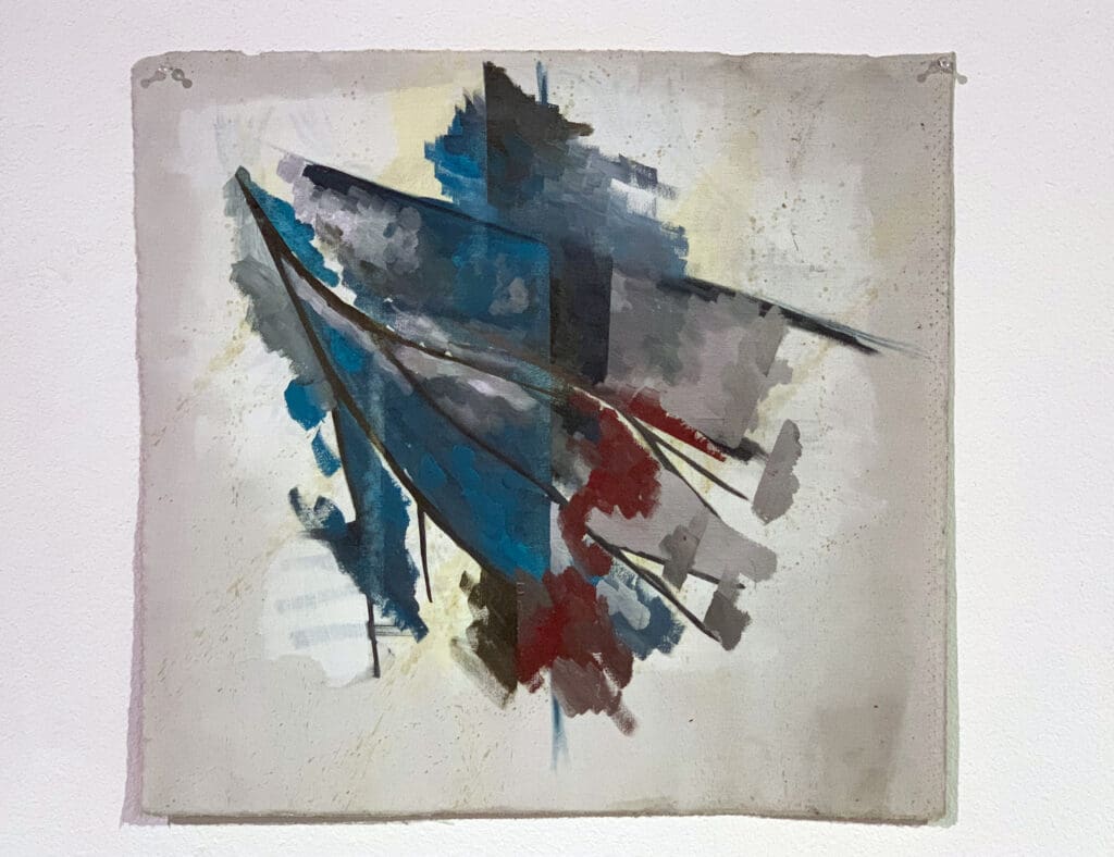 Abstract painting with blue and red accents.
