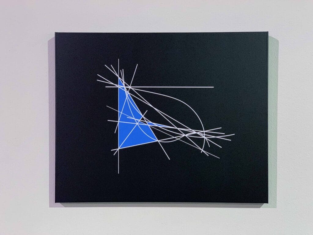 Abstract geometric painting with blue triangle.