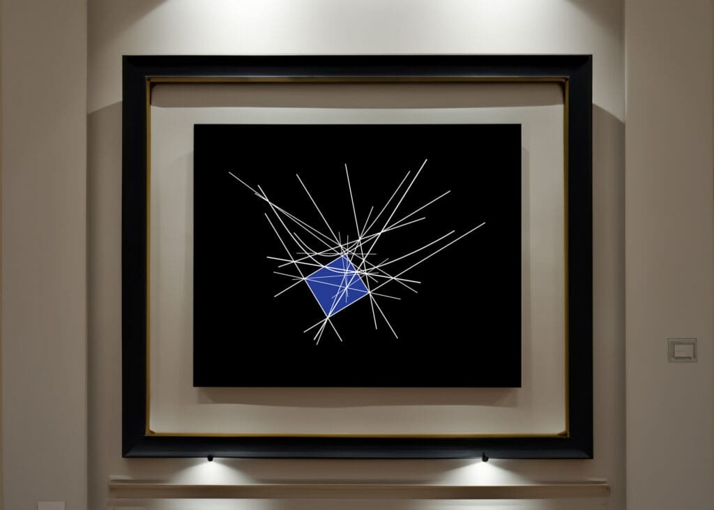 Abstract painting with intersecting lines and shapes.