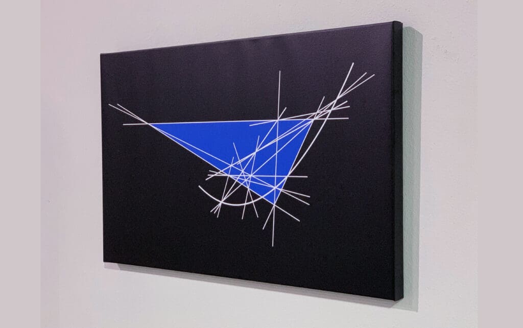 Abstract art with blue triangle and lines.