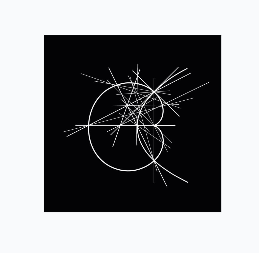 Abstract lines intersecting circles on black background.