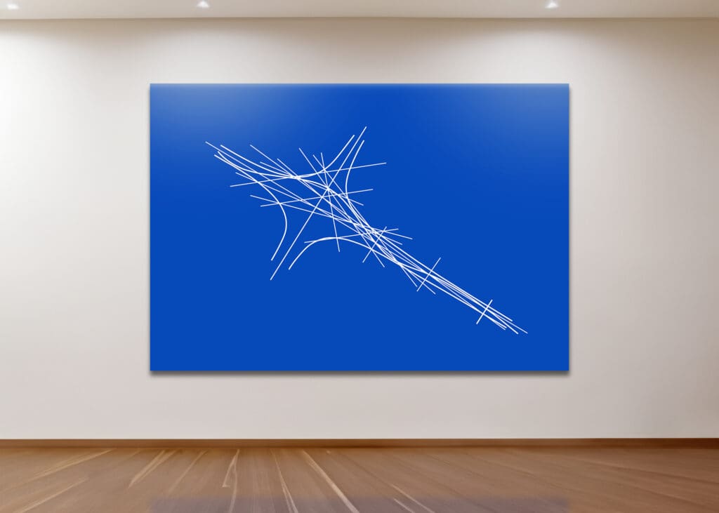 Abstract blue artwork with white lines displayed.