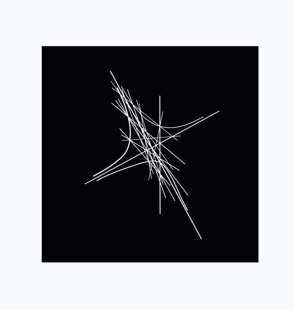 Intersecting curved and straight white strokes
