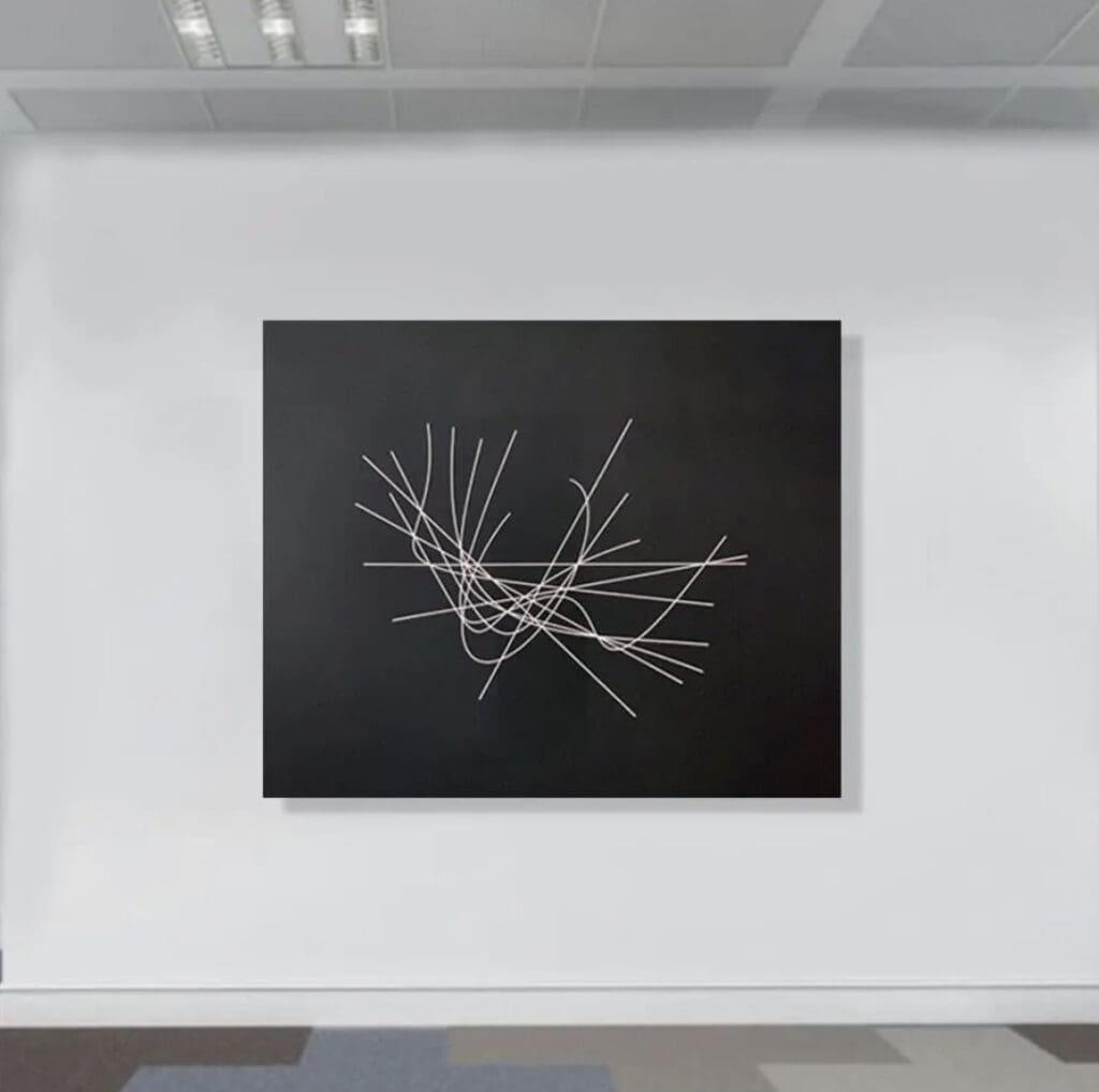 Abstract line art on black canvas.