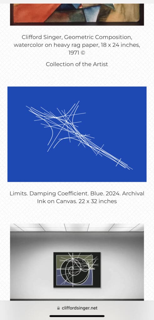 Abstract geometric art on blue canvas.