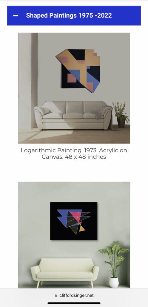 Two abstract geometric paintings above sofas.
