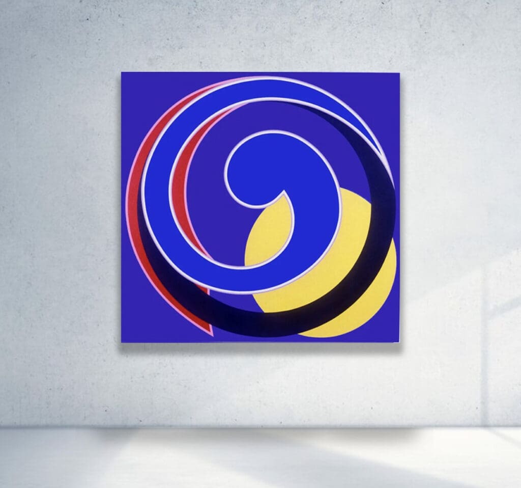 Abstract geometric painting with swirling shapes.