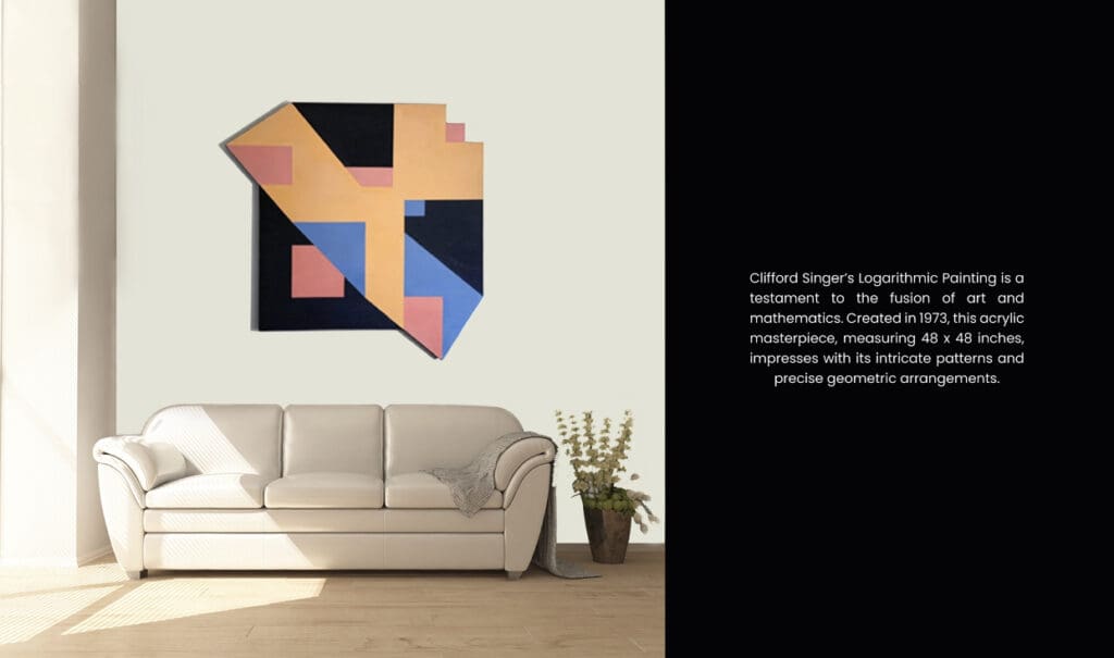 Abstract geometric painting above white sofa.