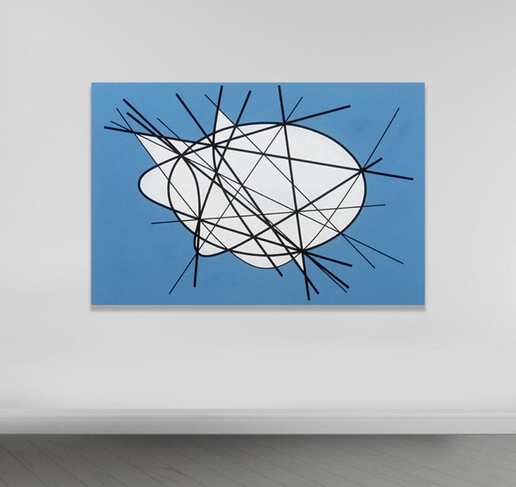Abstract painting with intersecting black lines.