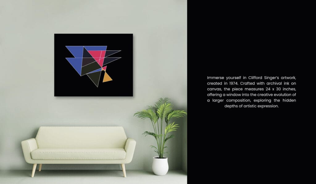 Abstract geometric art above modern sofa.