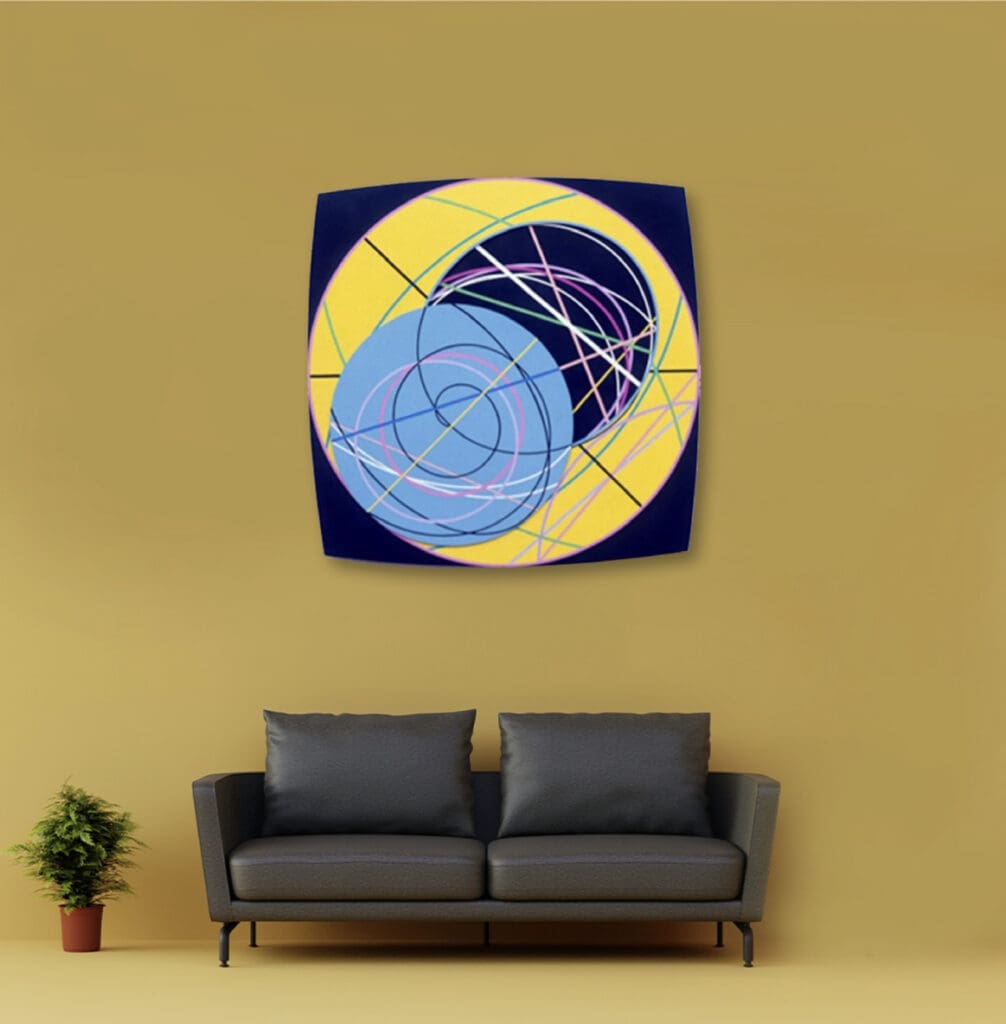 Abstract painting above sofa on yellow wall.
