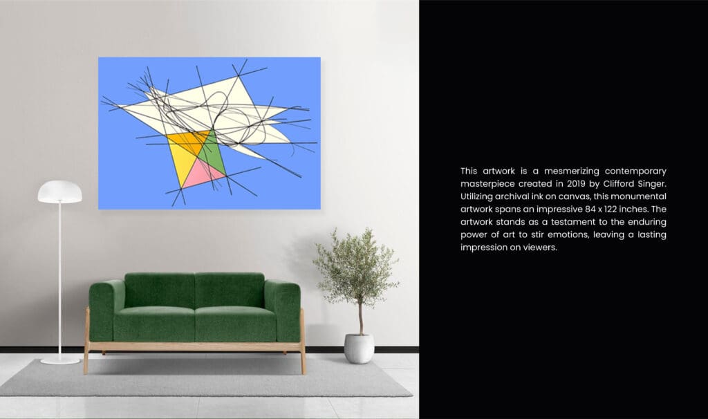 Abstract artwork above green sofa and lamp.