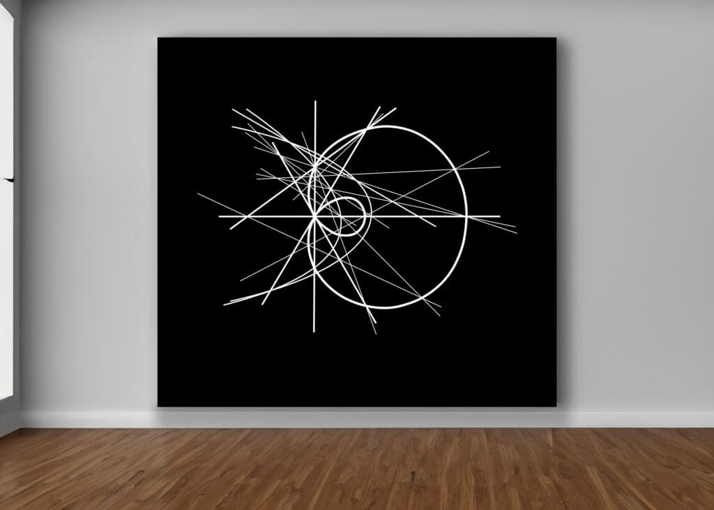 White intersecting lines and concentric circles on black