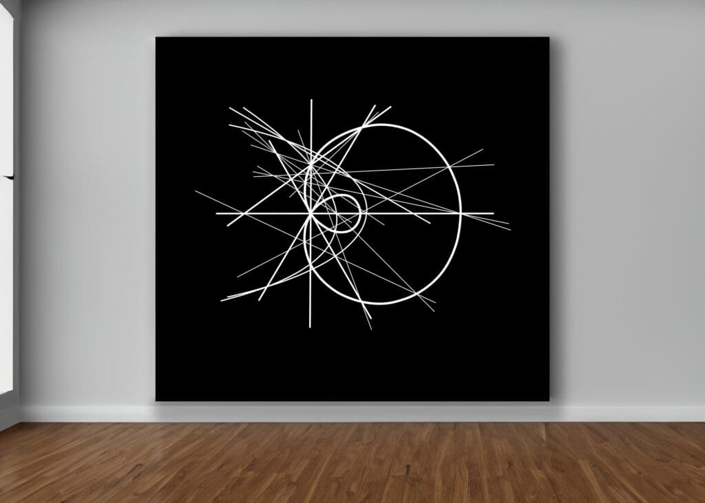 Abstract geometric art on a gallery wall.