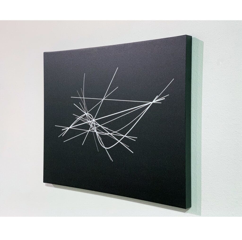 Abstract painting with intersecting white lines.