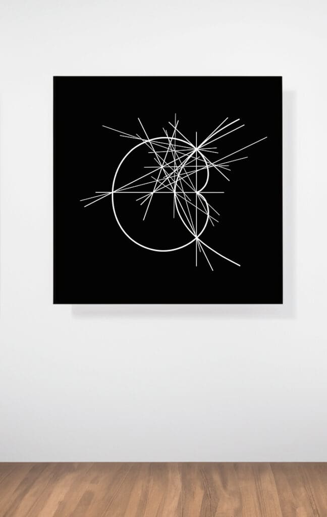 Abstract black and white geometric line art.