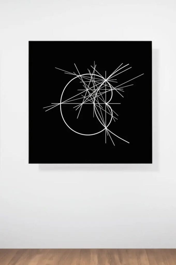 Circles and radiating white lines on black canvas