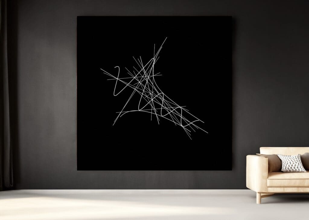 Abstract lines on black canvas, modern sofa.