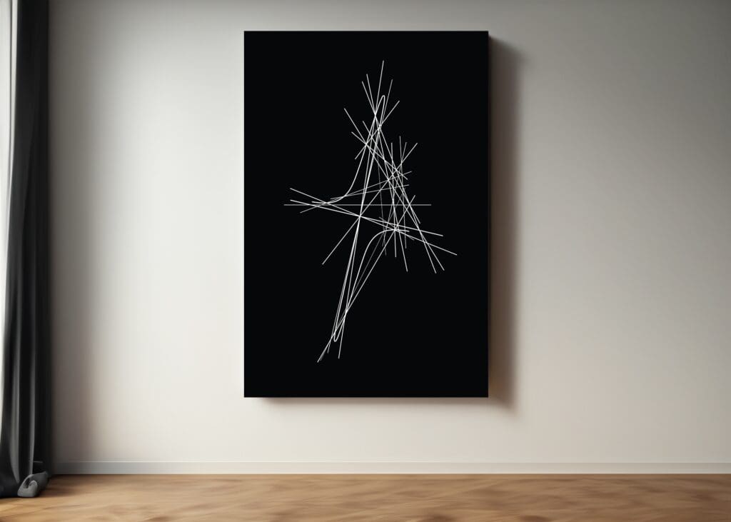Abstract black and white line art painting.