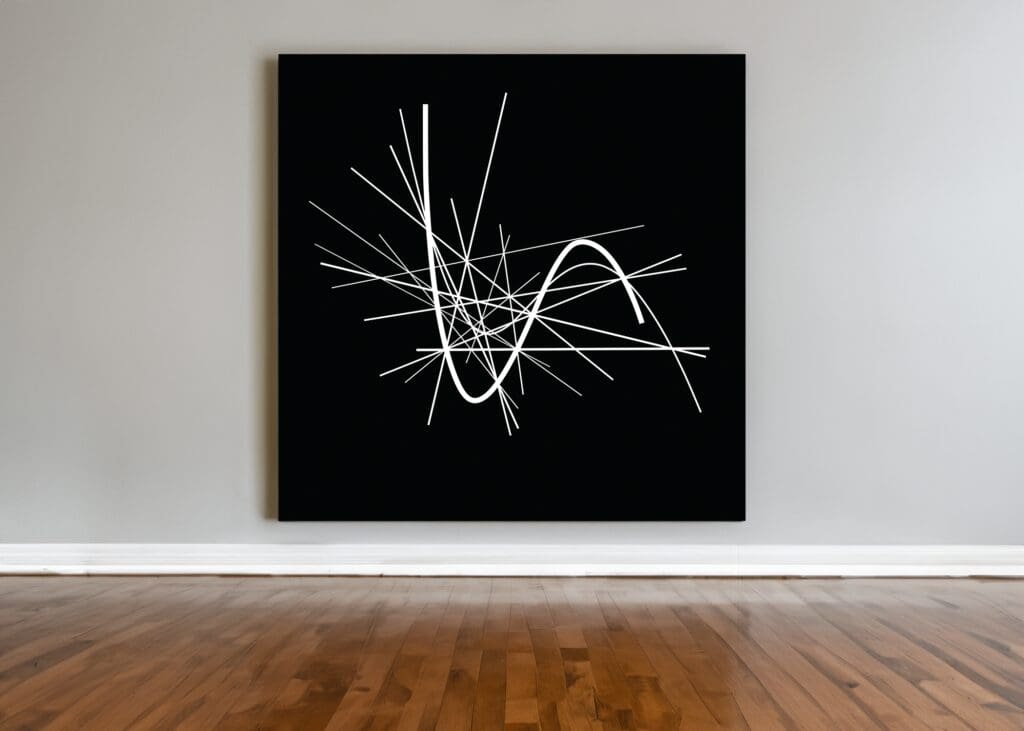 Abstract geometric artwork on a black canvas.