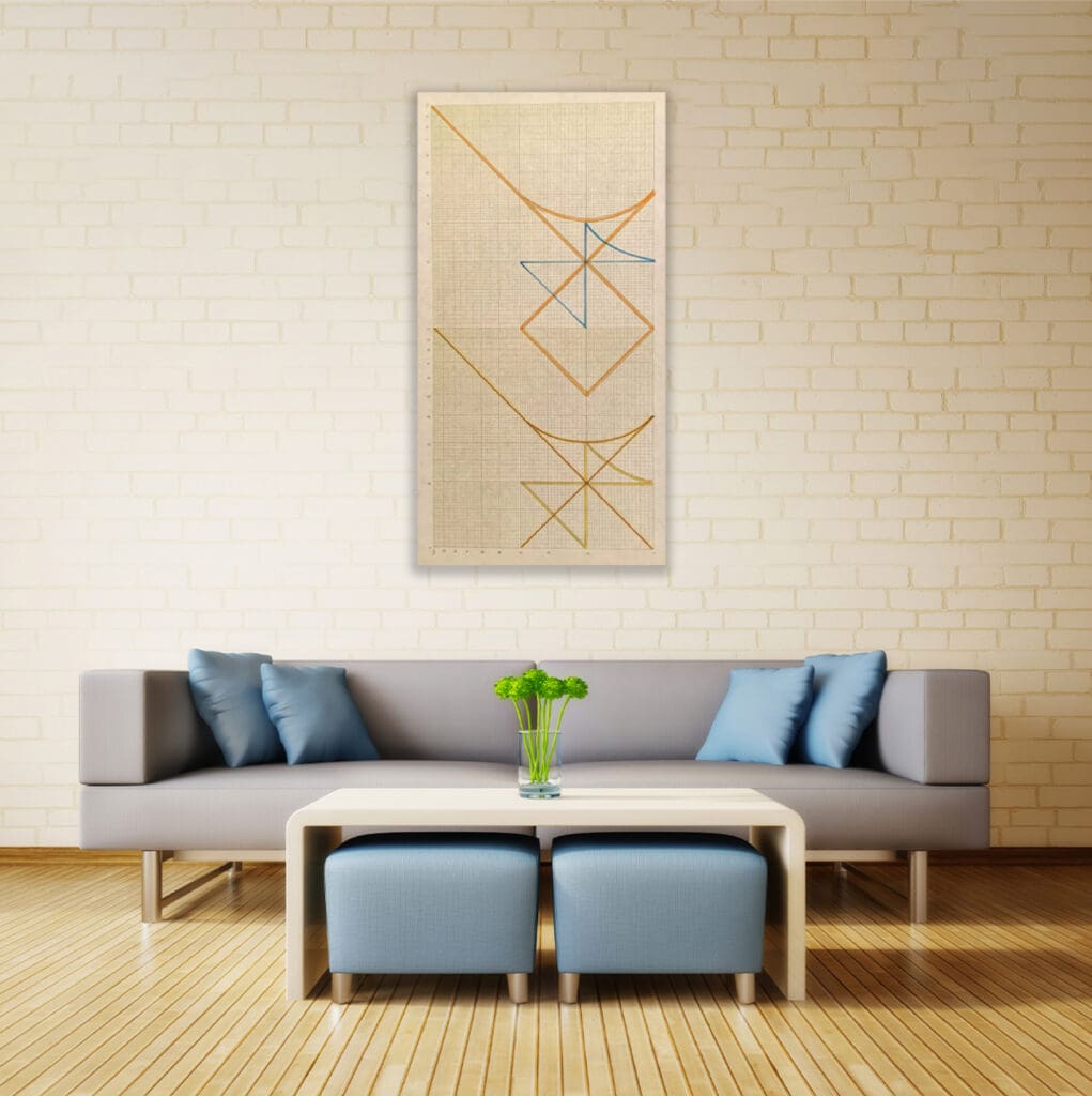 Minimalist living room with abstract wall art.