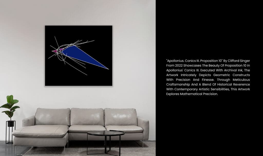 Geometric artwork above modern gray sofa.