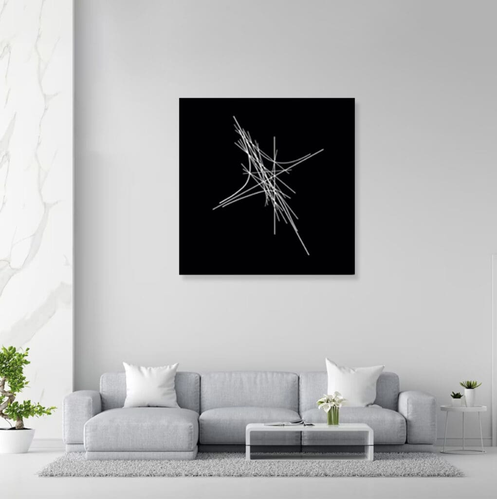 Gray sofa under black canvas with white lines