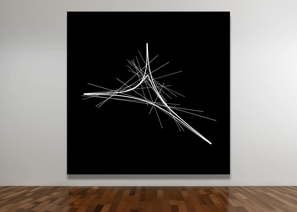 Abstract lines on black canvas in gallery.