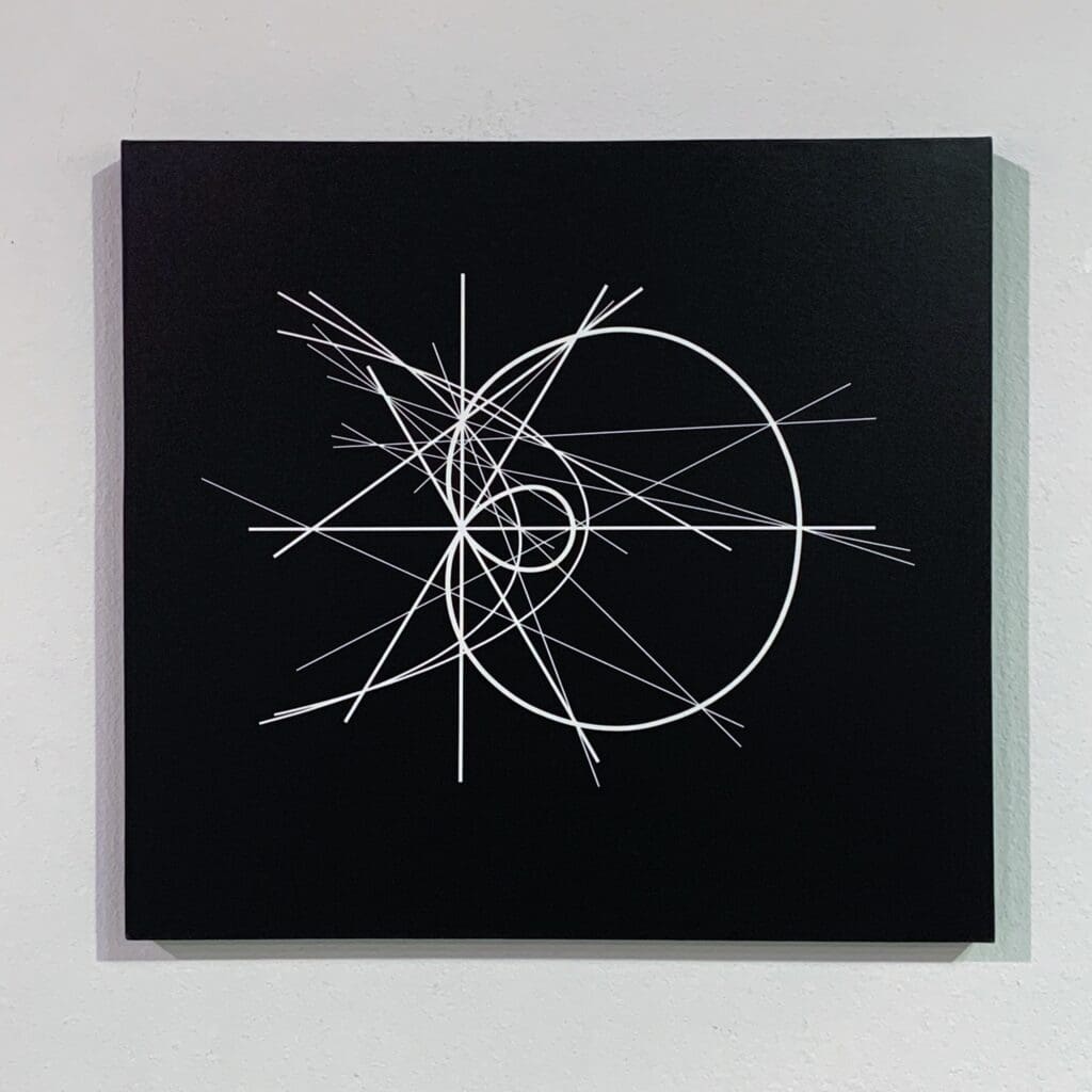 Minimal black painting with overlapping curves and spokes