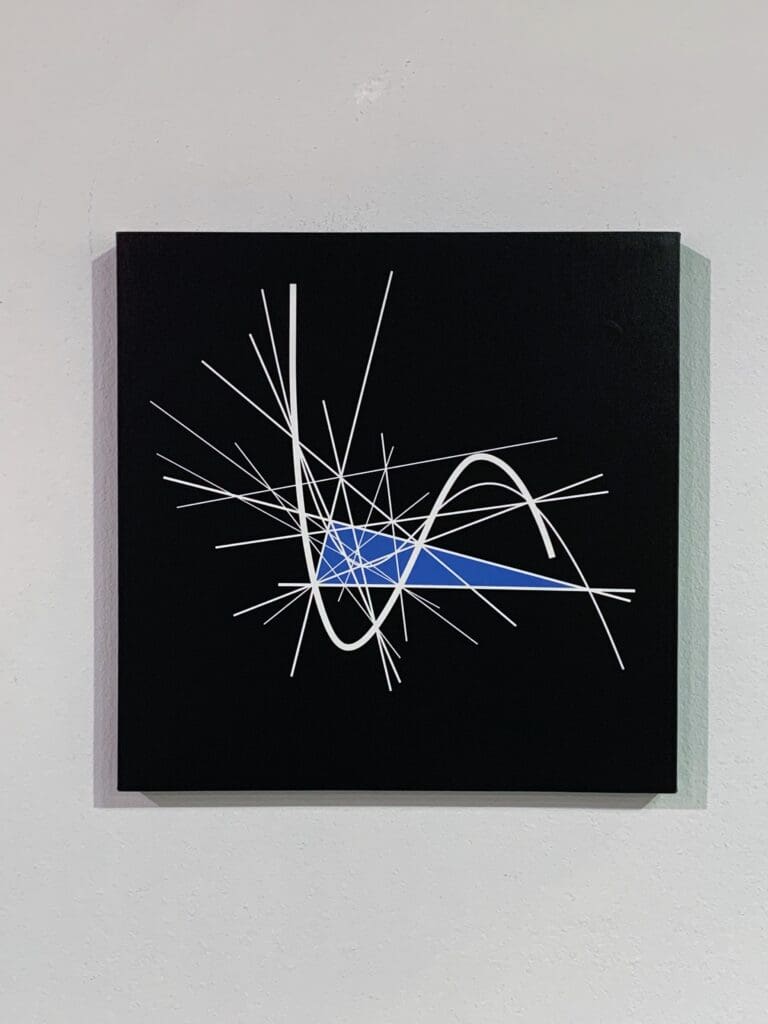 Square artwork with blue triangle and white lines
