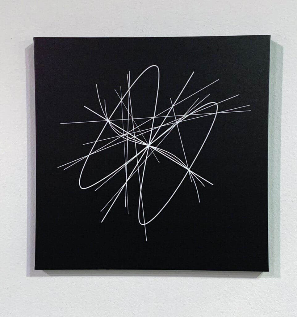 Abstract art with white lines on black.