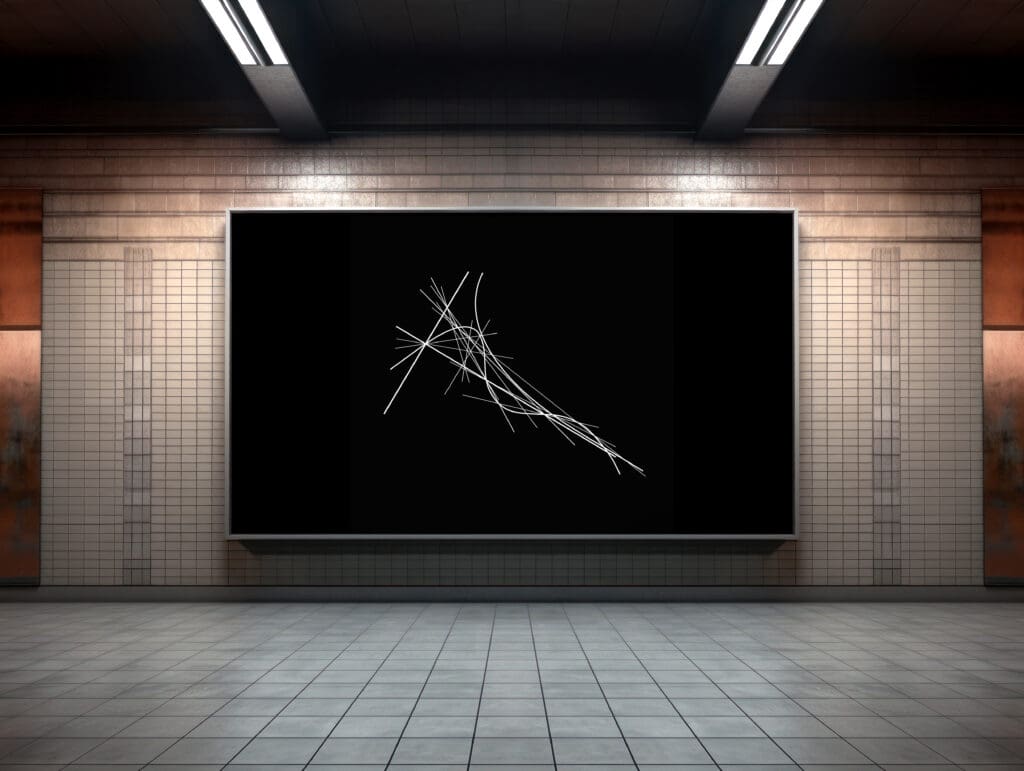 Abstract lines on subway station billboard.