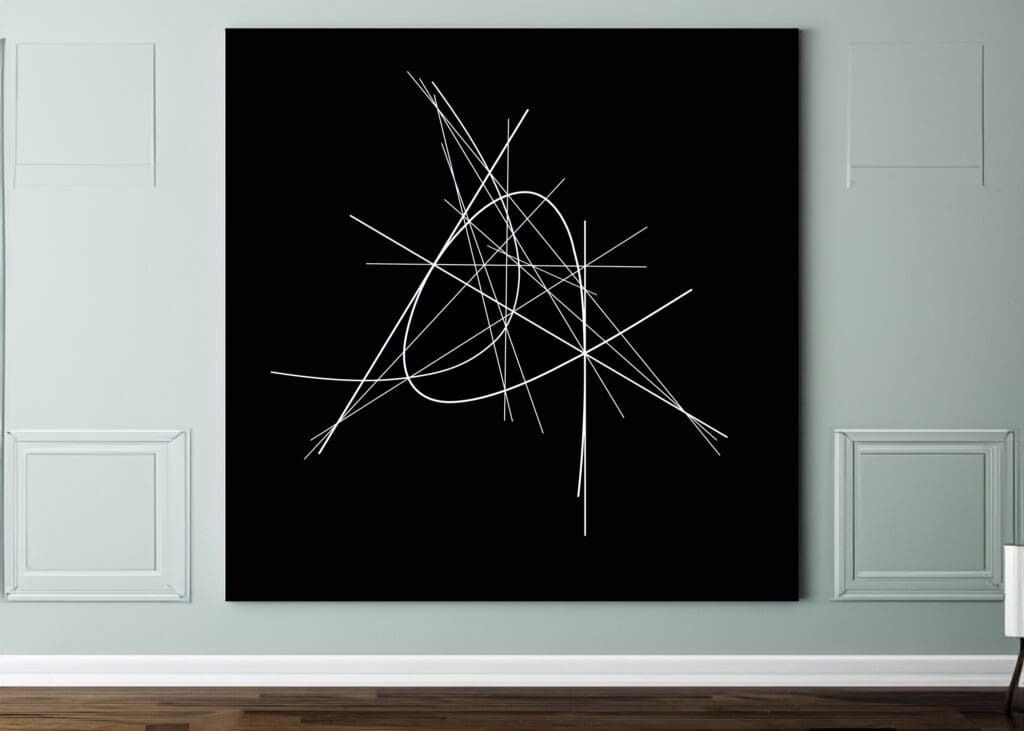 Abstract lines on black canvas in room.