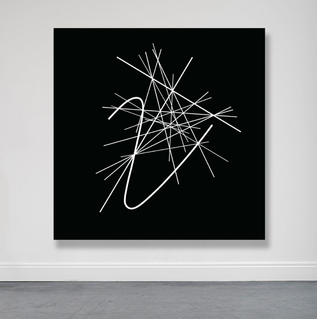 Interlocking white curves and radiating lines