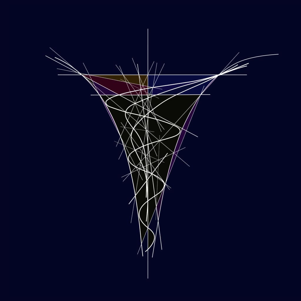 Abstract geometric design with intersecting lines on a dark background.